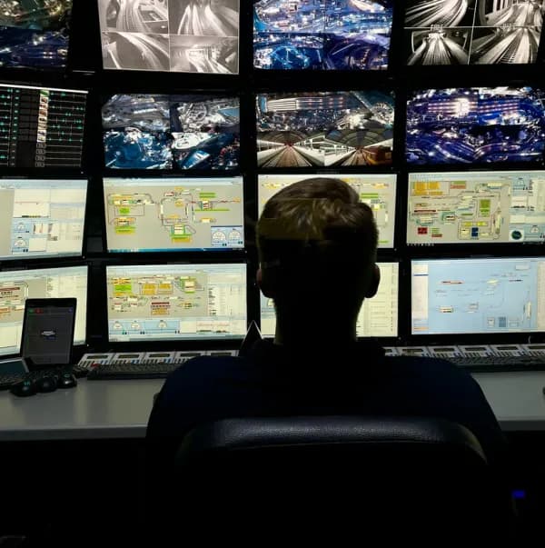 Operador diante de uma parede de monitores em sala de monitoramento