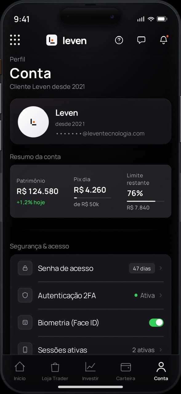 App Leven - Tela de Conta, com perfil, segurança 2FA e biometria