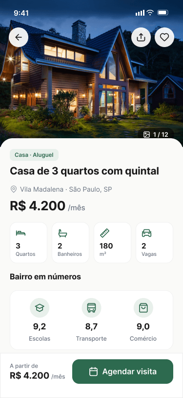 App imobiliário Leven - Anúncio de casa pra aluguel com fotos, preço, características e agendamento de visita