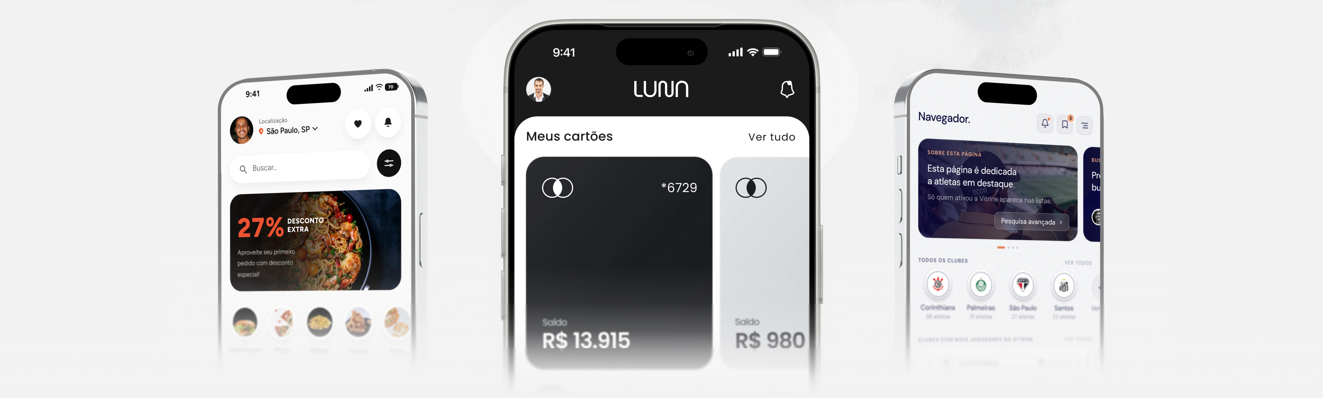 Três celulares com telas de aplicativos; no centro, um app de carteira digital com os cartões e o saldo da conta