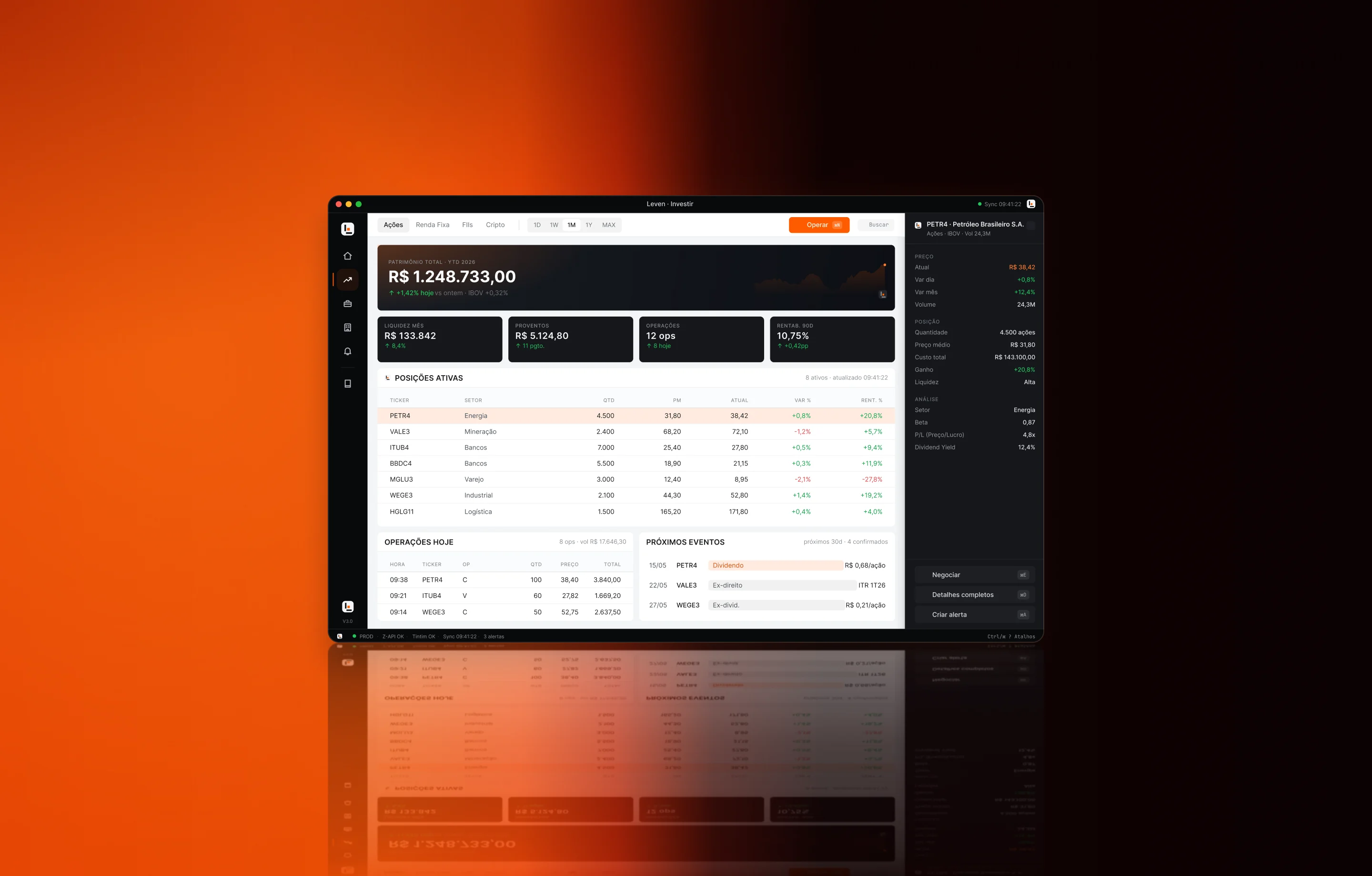 Painel desktop de investimentos da Leven refletido sobre um fundo laranja