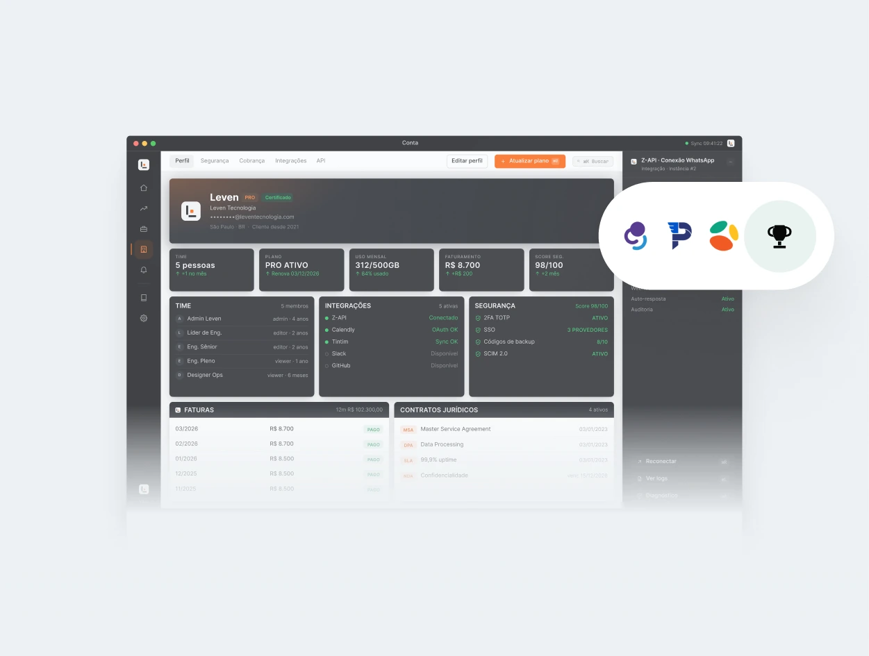 Painel desktop da conta de um cliente: plano, armazenamento, integrações, faturas e contratos