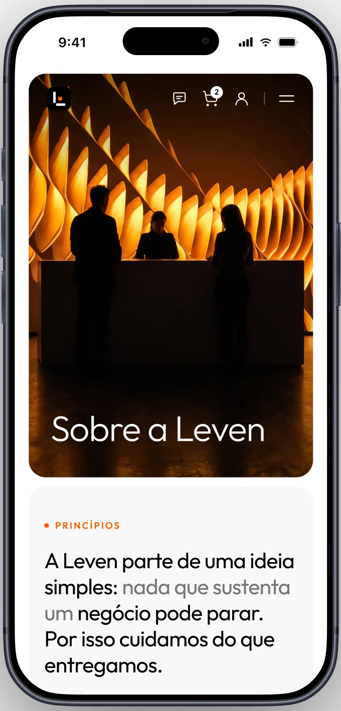 O site da Leven aberto no celular, na página Sobre